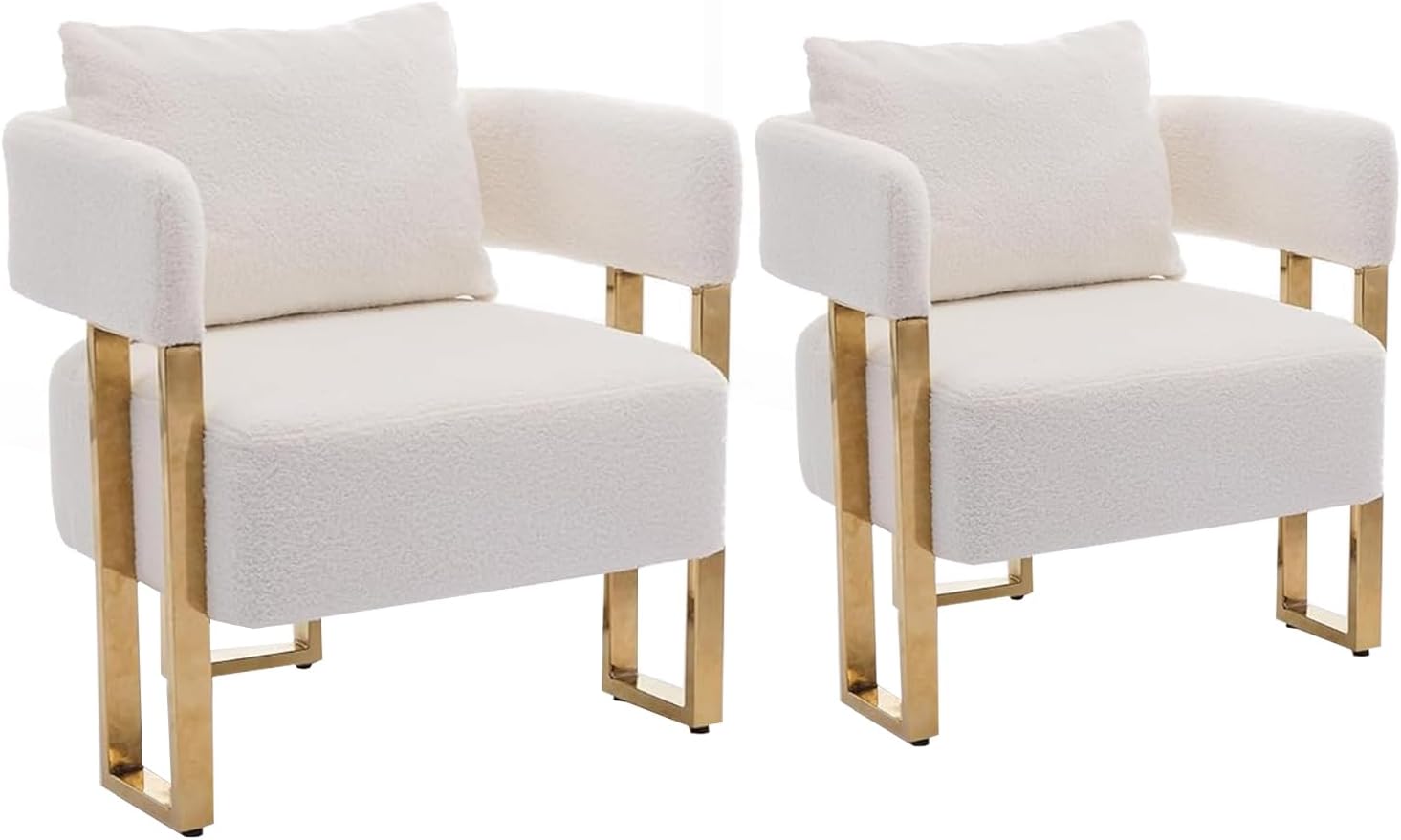 YISHENG Modern Barrel Accent Chairs Set of 2, Living Room Side Chairs with Golden Metal Legs Soft Upholstered Reading Armchairs no Wheels for Vanity/Reception Room//Bedroom/Lounge/Office, White Teddy