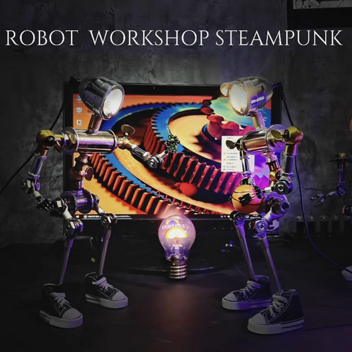 Mechanical Mecha 3D Metal Model Kit for Adults, Steampunk Robot Table Lamp Laser Cut Metal Robot Model Set, Chest Logo Desk Lamp Ornament Toy Decor Gift, Finished Version