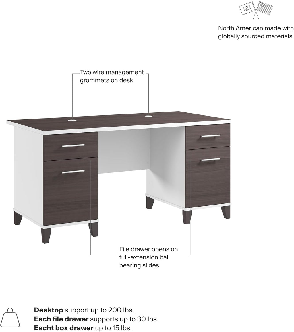 Bush Home 60-Inch Office Desk with Drawers, Computer Desk with File and Box Drawers, Home Office Workstation with Storage Cabinet, Writing Desk Furniture, Somerset Collection, Storm Gray and White