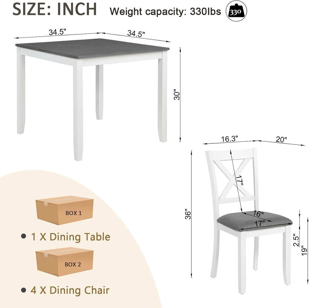 5-Piece Dining Table Set for 4, Kitchen Dining Table with 4 Soft Cushioned Solid Wood Chairs, Ideal for Home or Restaurant Use.(Gray & White_Small)