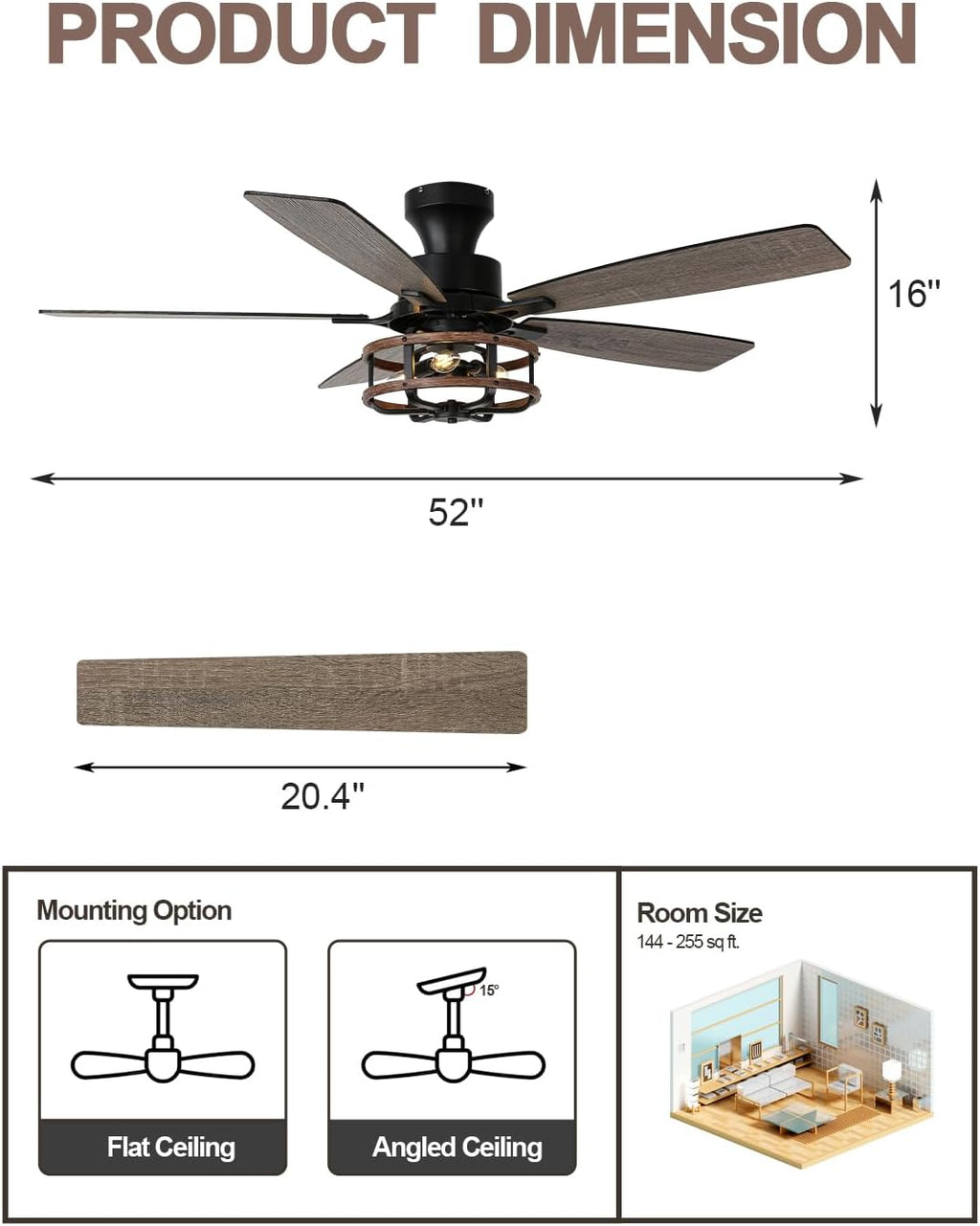 52 Inch Flush Mount Farmhouse Ceiling Fan with Light Rustic Caged Low Profile Ceiling Fan for Living Room Bedroom Patio