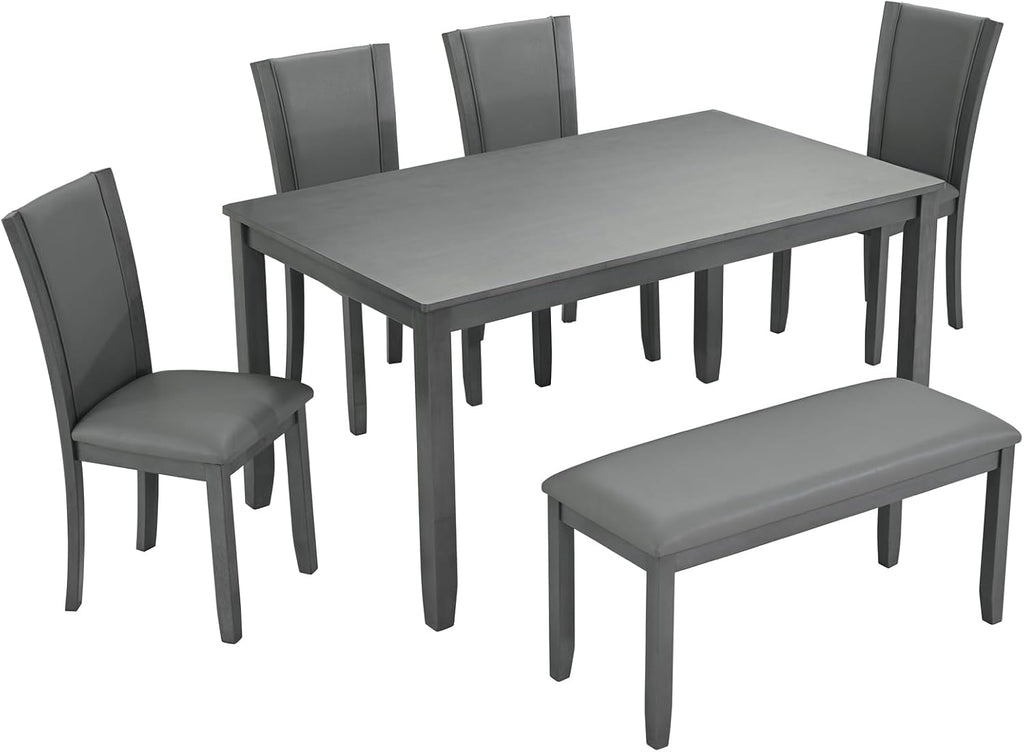 6-Piece Dining Table Set with Bench and Chairs - Solid Wood Kitchen Dining Room Table Set in Farmhouse Rustic Style, Table Set for 6 with 4 Chairs and Bench Seat.(Dark Gray_Large)