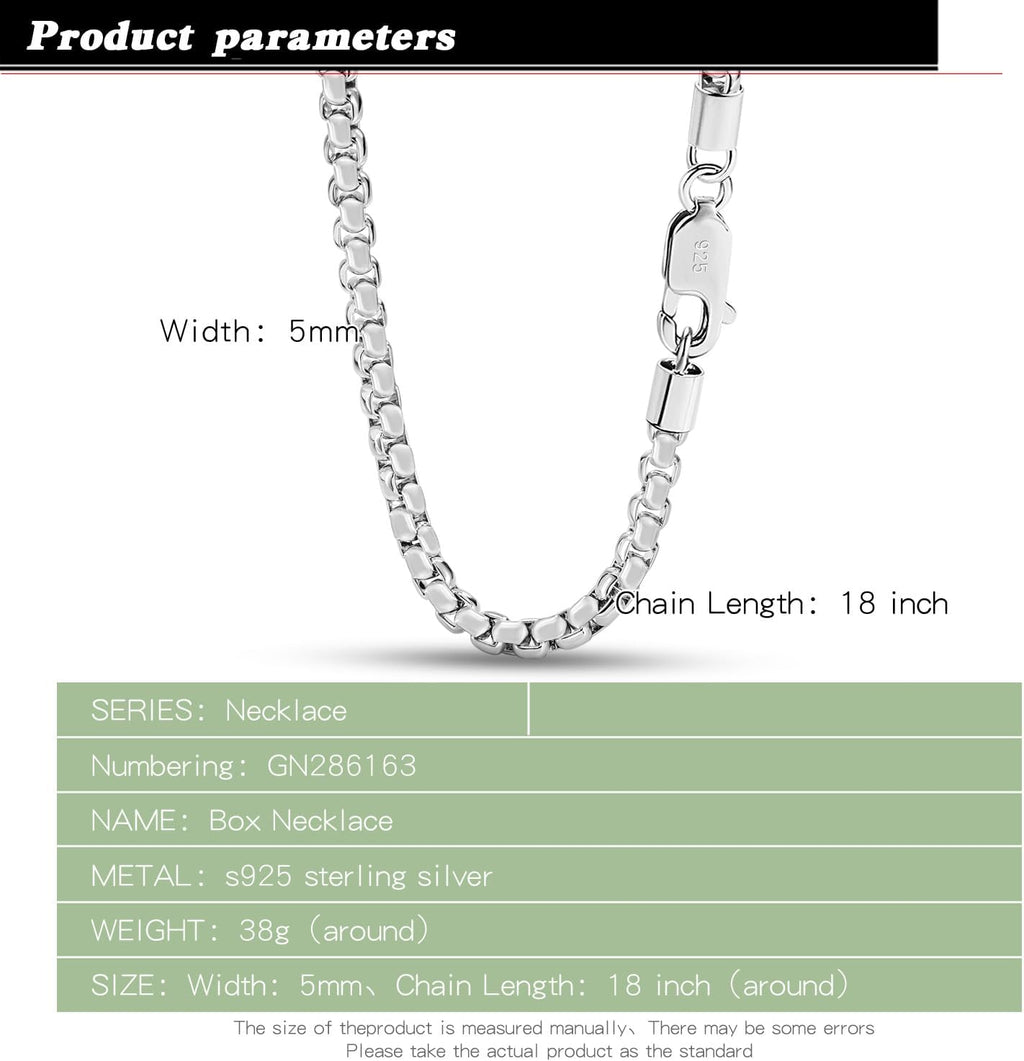 Dankadi Men 925 Sterling Silver 5MM Square Rolo Link Necklace Women Round Box Chain 16' 18' 20' 22' 24' 26' 28' 30' 38' Choker Unisex Jewelry Gift (Silver, 28 inch)
