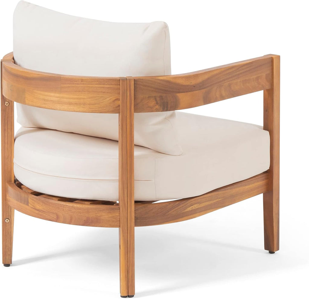 Christopher Knight Home Nadine Outdoor Accent Chair, Acacia Wood Club Chair, Tub Shape Design Armchair, Comfort Cushions Seating, Slat Open Back Reading Sofa for Balcony Backyard Garden, Teak+Beige