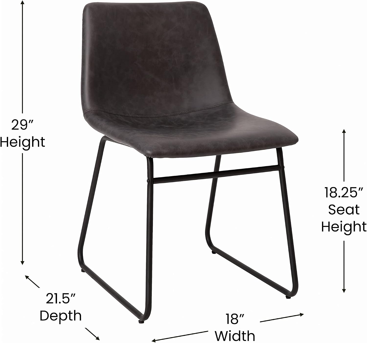 Flash Furniture Butler 18' LeatherSoft Dining Table Height Chairs, Mid-Century Modern Bucket Style Dining Chairs, Set of 2, Dark Gray/Black