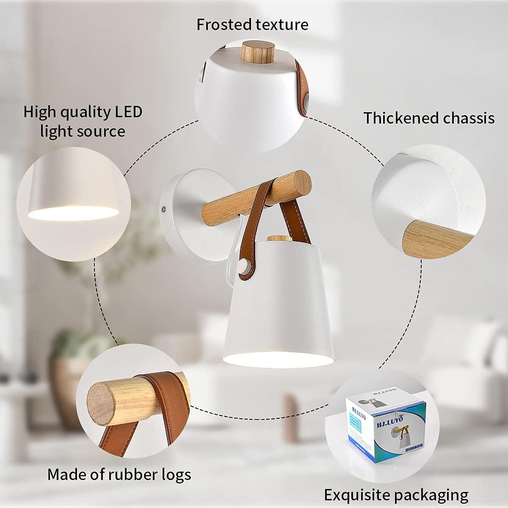 Wall Lamps for Bedroom White Plug in Wall Sconces Indoor Wall Lighting fixtures Industrial E26 lamp Holder with Wooden and Leather lamp Wall for Nightstand Vanity Mirror or Farmhouse Aisle Corridor