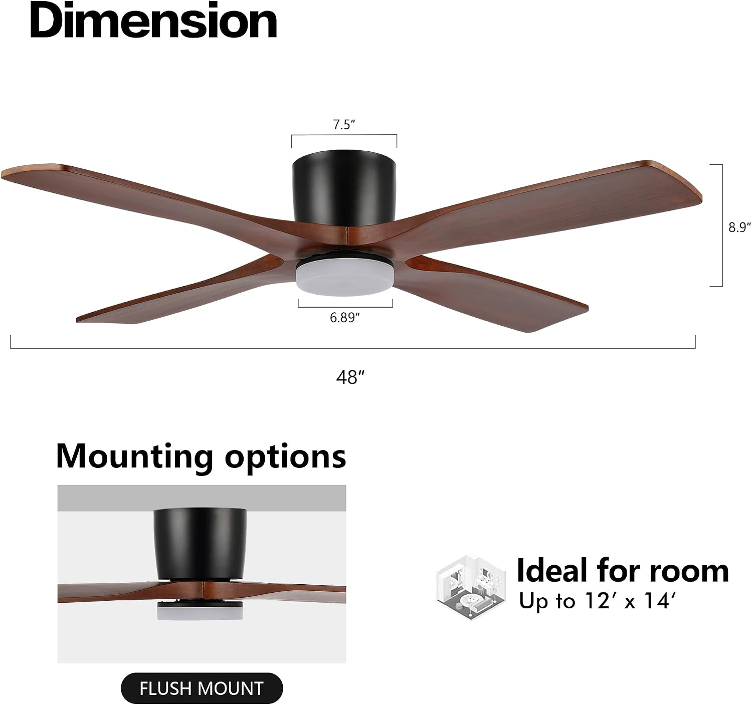 WINGBO 48 Inch Flush Mount DC Ceiling Fan with Lights and Remote, 4 Reversible Carved Wood Blades, 6-Speed Noiseless DC Motor, Hugger Ceiling Fan in Matte Black Finish with Walnut Blades