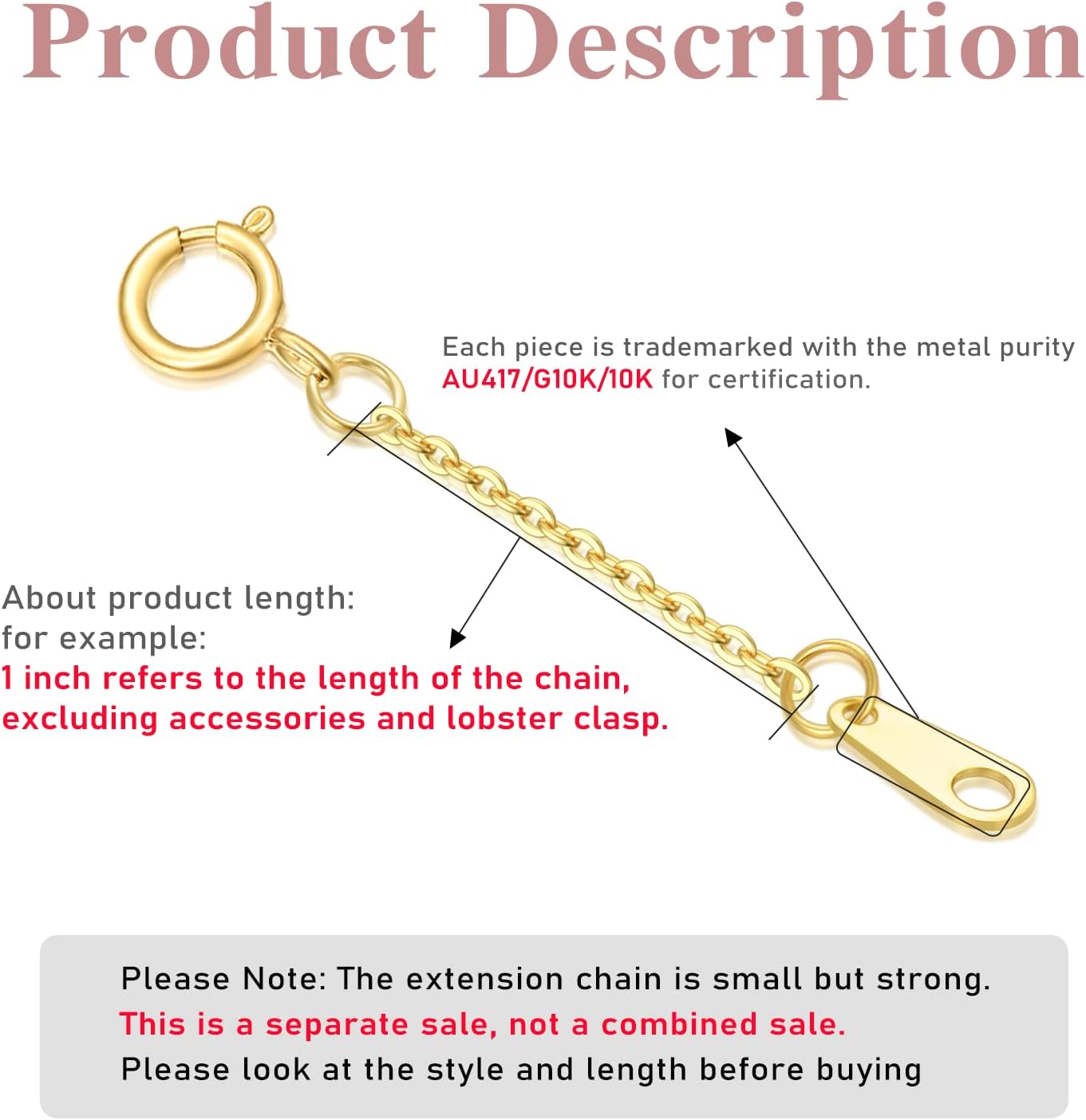 10k Real Gold 1'/1.5'/2'/3'/4' Necklace Extender Chain, Durable Strong Removable Gold Chain Extender, 10k Gold Adjustable Extension Chain for Necklace Bracelet Anklet