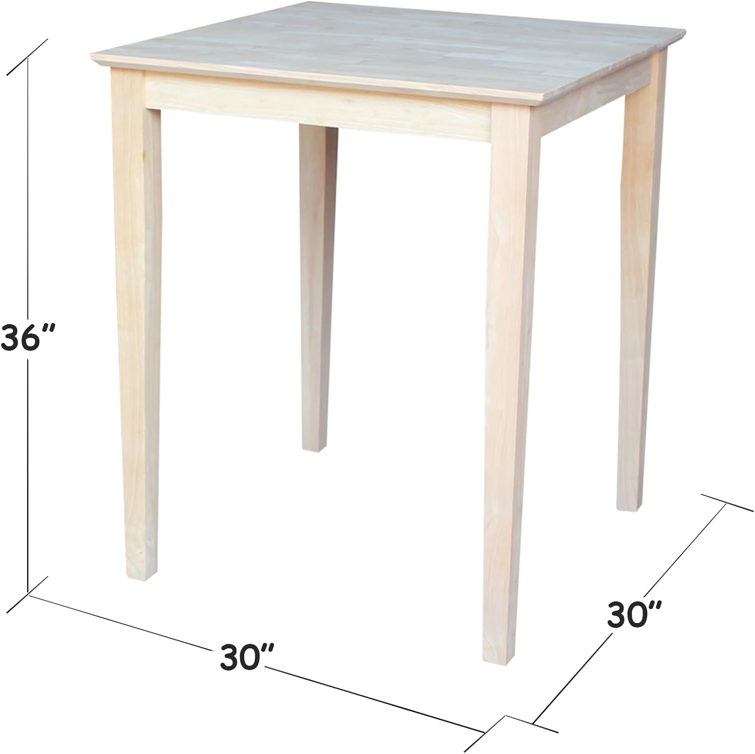 Solid Wood Top Dining Table, 36 Inch High, Unfinished