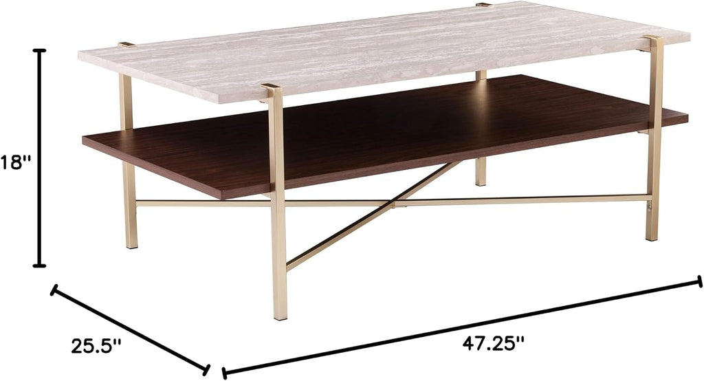 SEI Furniture Ardmillan Rectangular 47' Cocktail Table w/Storage, Brass and Dark Tobacco Finish w/White Faux Travertine