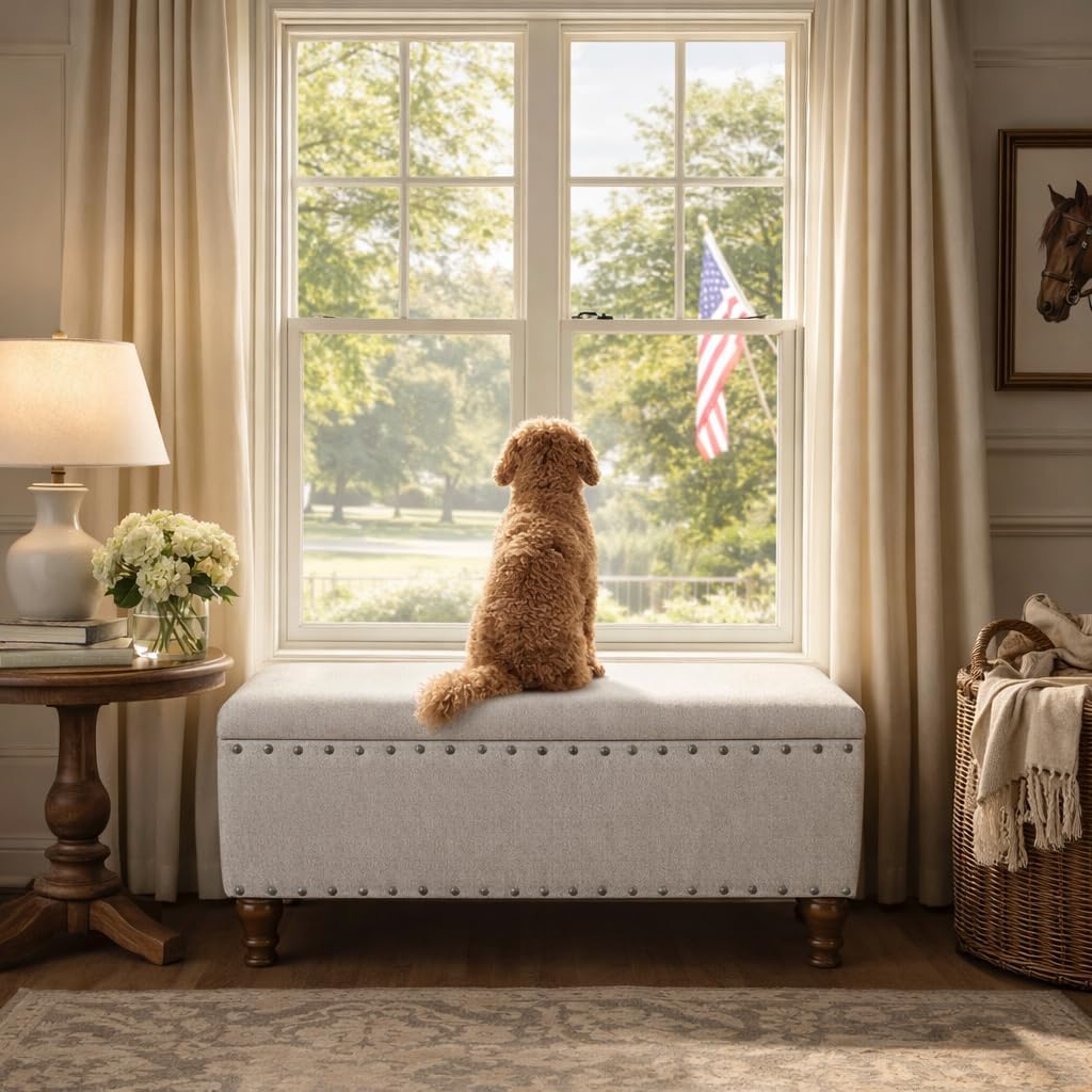 Homepop Home Decor | Upholstered Bench with Nailhead Trim | Large Ottoman with Storage for Living Room & Bedroom | Decorative Home Furniture, Gray Woven