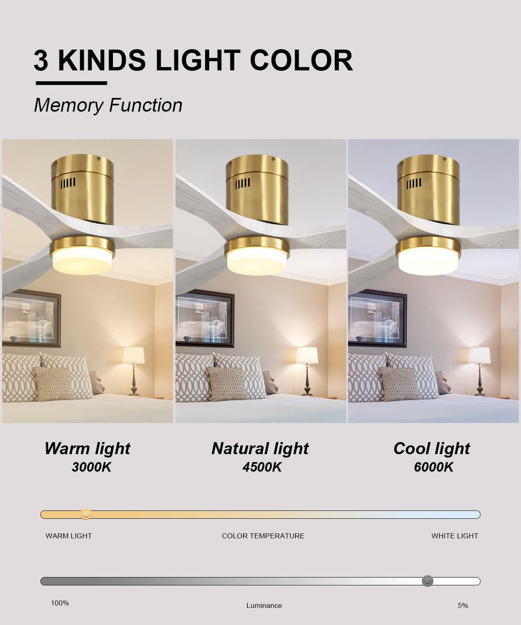 Sofucor 52 Inch Low Profile Ceiling Fan With Lights and Remote, Outdoor Modern Flush Mount Ceiling Fan 6-SPeed 3-CCT with Timer 3 Wood Blades for Bedroom Living Room Patios