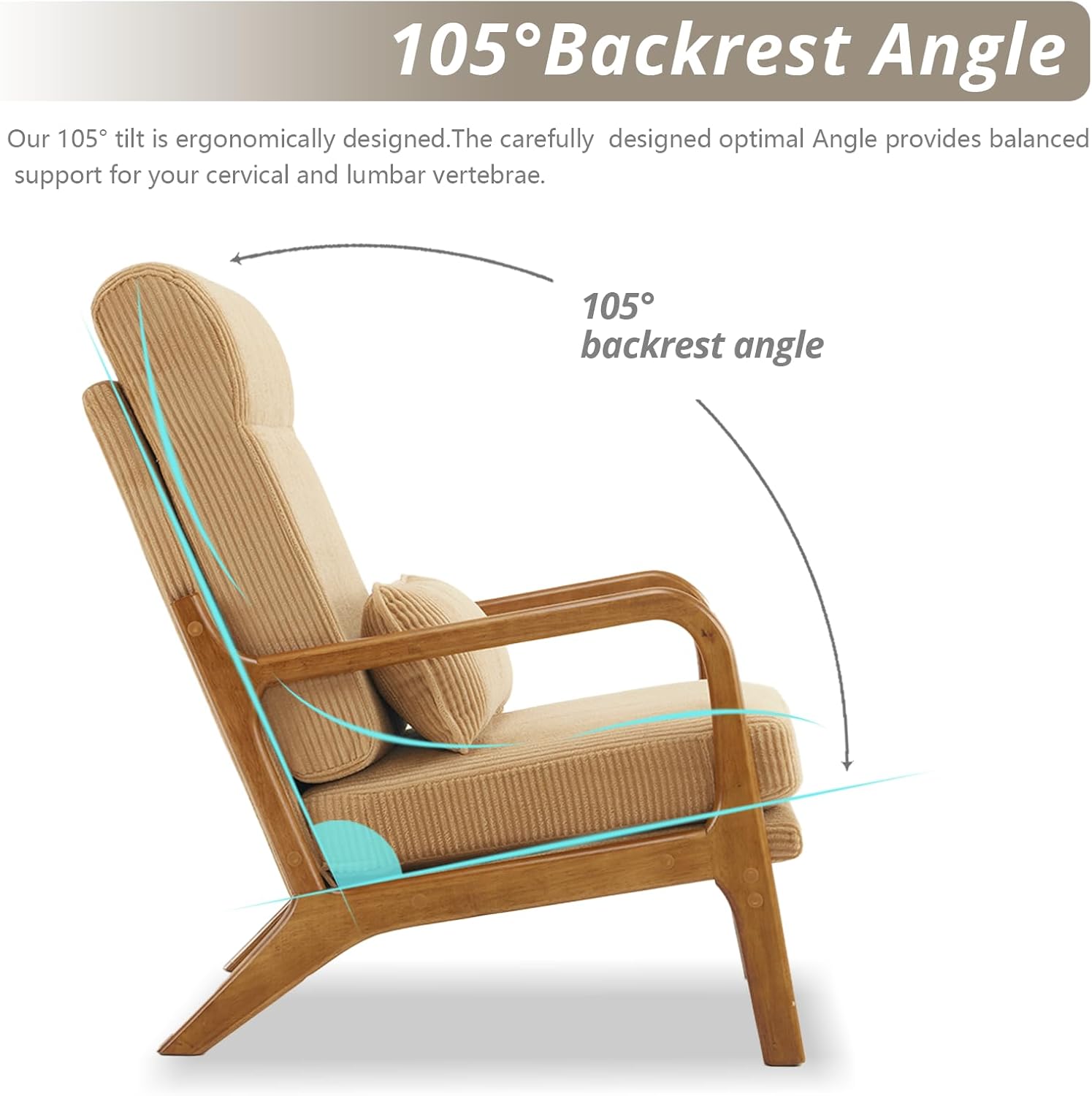 Karl home Mid-Century Modern Accent Chair, Living Room Chairs with Pillow High Back Corduroy Upholstered Lounge Armchair with Solid Wood Frame & Soft Cushion for Bedroom, Reading Room, Khaki