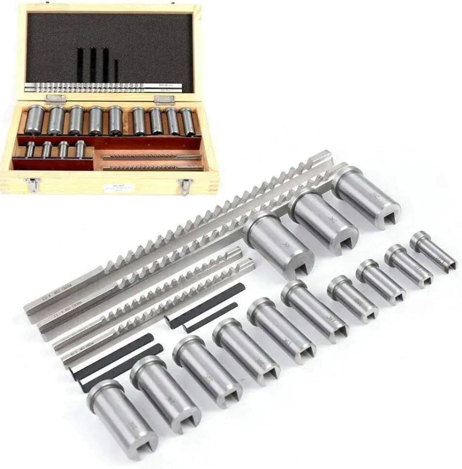 22Pcs Keyway Broach Kit, Keyway Cutter, Keyway Broaches Collared Bushing Shim Sets in Equipped Box, Industrial Metalworking Tool