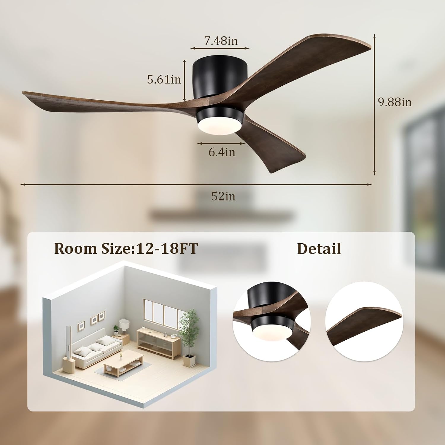 52inches Ceiling Fan with Lights,Wooden Flush Mount Ceiling Fans with Remote Control,Dimmable Light,3 CCT,6 Speeds,Noiseless DC Motor,Ceiling Fan for Bedroom,Living Room,Office,Indoor,Bronze Gray