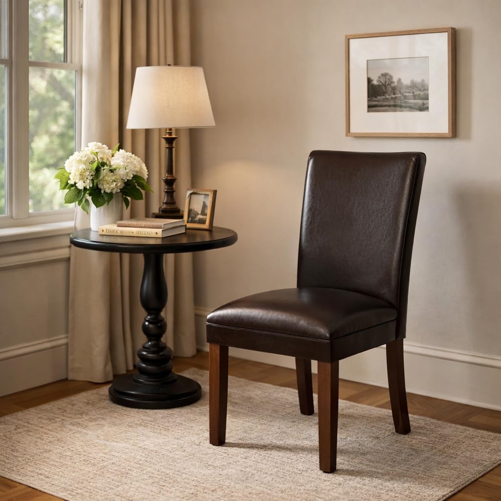 HomePop Parsons Upholstered Accent Dining Chair, Set of 2, Dark Brown Faux Leather