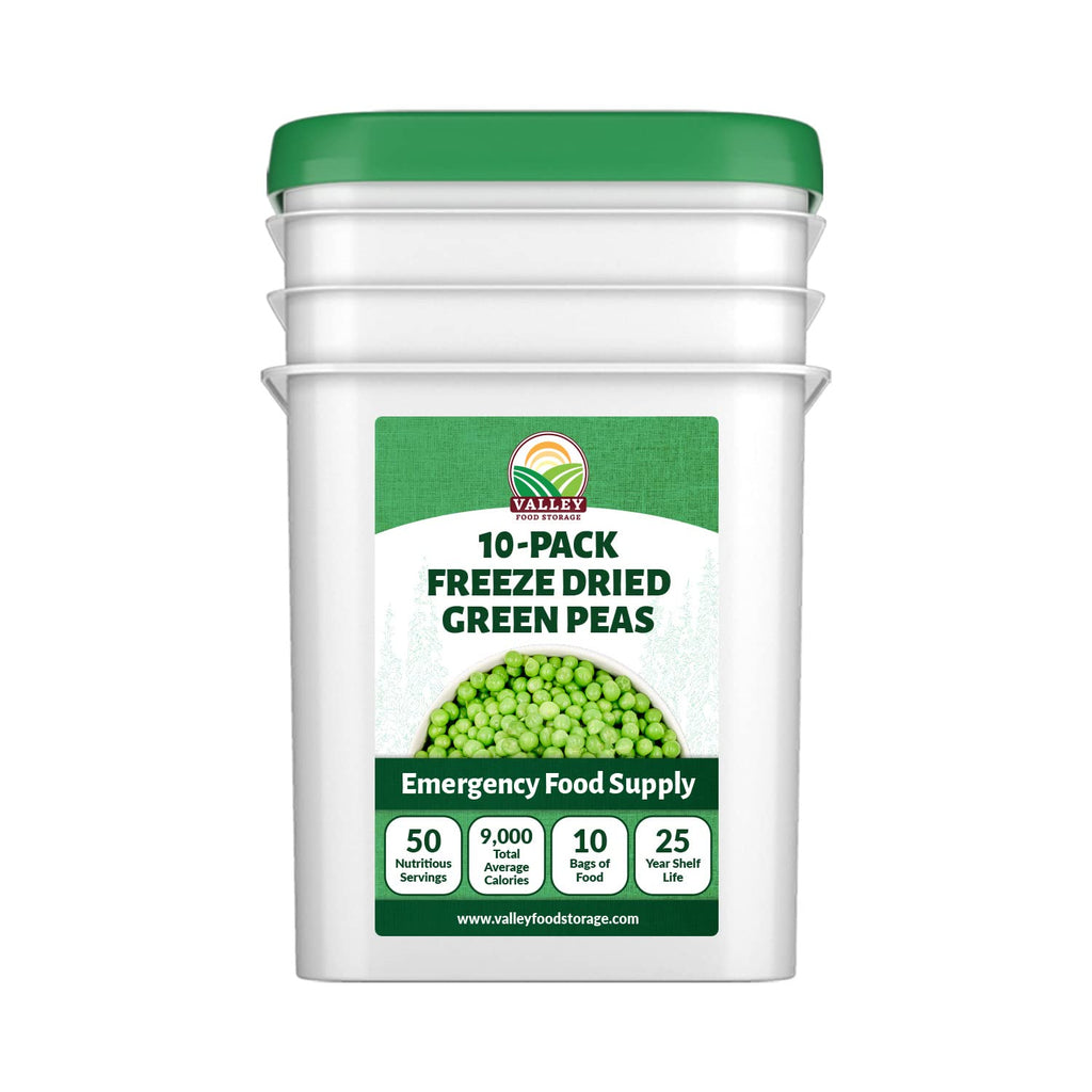 Freeze Dried Green Peas 10-Bag Bucket, 88 Oz | Premium Emergency Food Supply 25 Year Shelf Life | Prepper Supplies, Survival Food, Off Grid Living Supplies | Valley Food Storage Packaged in USA