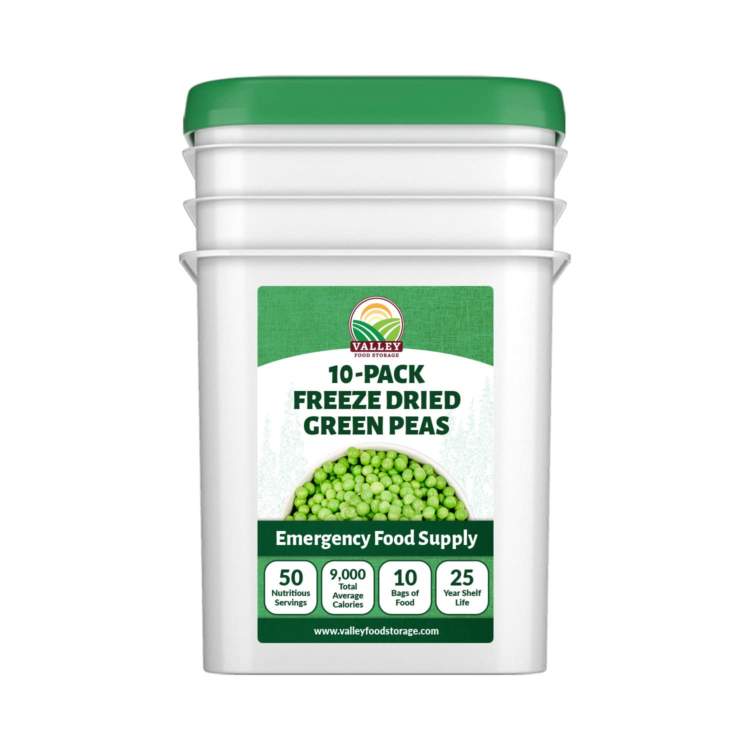 Freeze Dried Green Peas 10-Bag Bucket, 88 Oz | Premium Emergency Food Supply 25 Year Shelf Life | Prepper Supplies, Survival Food, Off Grid Living Supplies | Valley Food Storage Packaged in USA