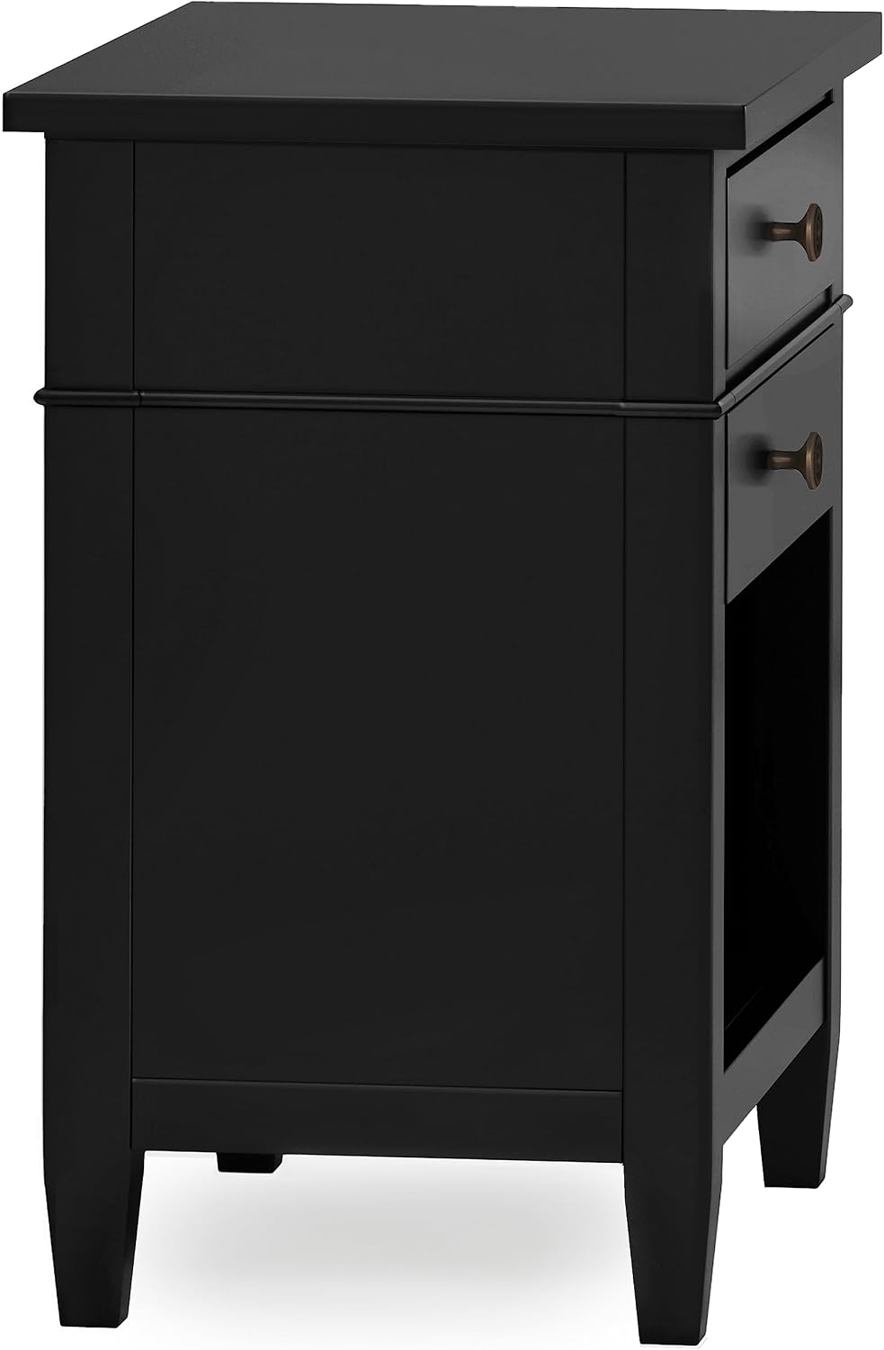 SIMPLIHOME Carlton Bedside Table - 24 inch Wide Solid Wood Nightstand Table in Black, Contemporary Bedroom Side or End Table with 2 Drawers, Open Storage Shelf and Bronze Hardware