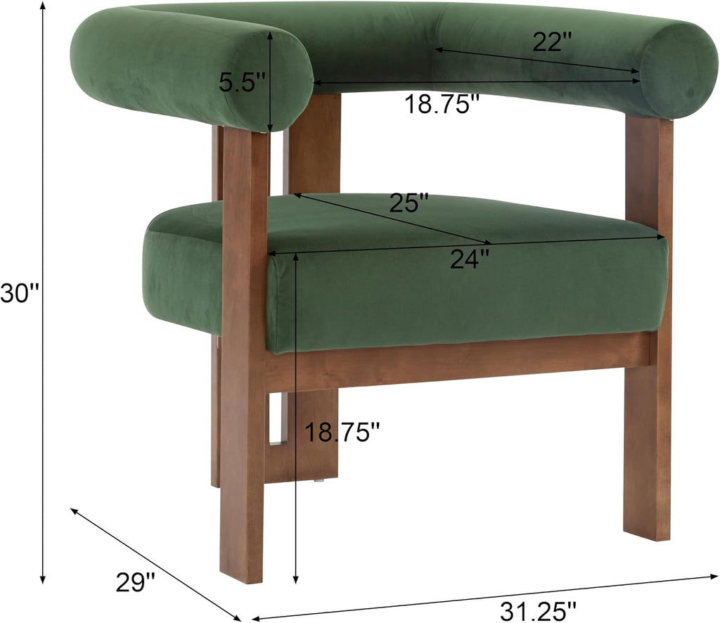 Christopher Knight Home Modern Velvet Upholstered Accent Chair for Living Room, Home Office, Apartment, Arm Chair with Curve Backrest and Birch Wood Legs, Three Legs Structure, Forest Green and Brown