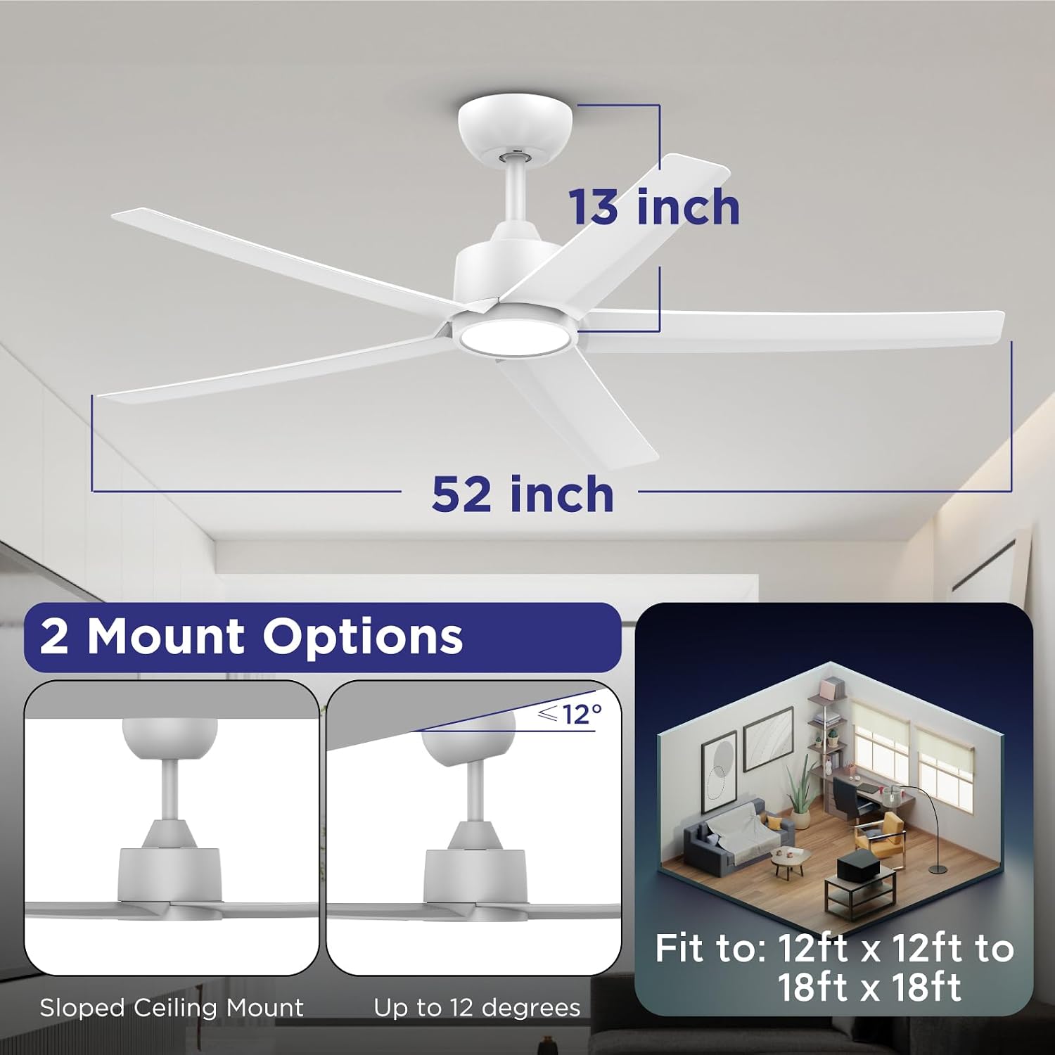 ocioc 2 Pack 52 inch Ceiling Fans with Lights and Remote Control, Ultra Quiet DC Motor, 3 Color Temperatures Modern Ceiling Fan for Bedroom Patio Indoor Covered Outdoor White