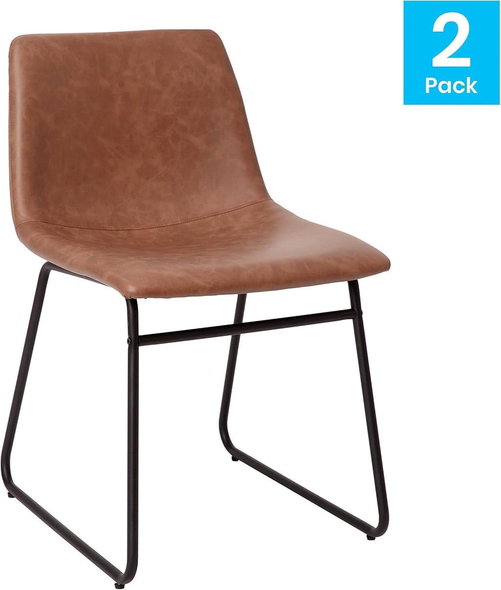 Flash Furniture Butler 18' LeatherSoft Dining Table Height Chairs, Mid-Century Modern Bucket Style Dining Chairs, Set of 2, Light Brown/Black