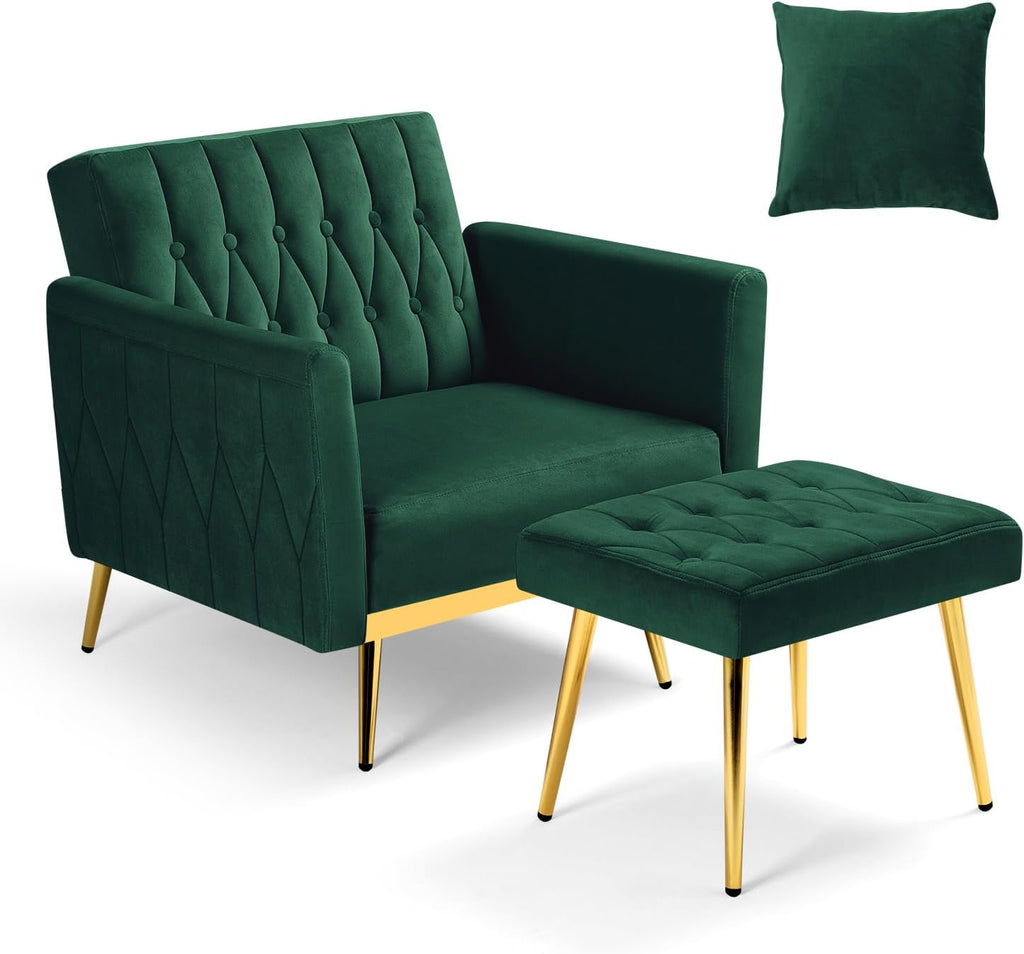 Velvet Accent Chair with Adjustable Armrests and Backrest, Button Tufted Lounge Chair, Single Recliner Armchair with Ottoman and Pillow for Living Room, Bedroom, Green