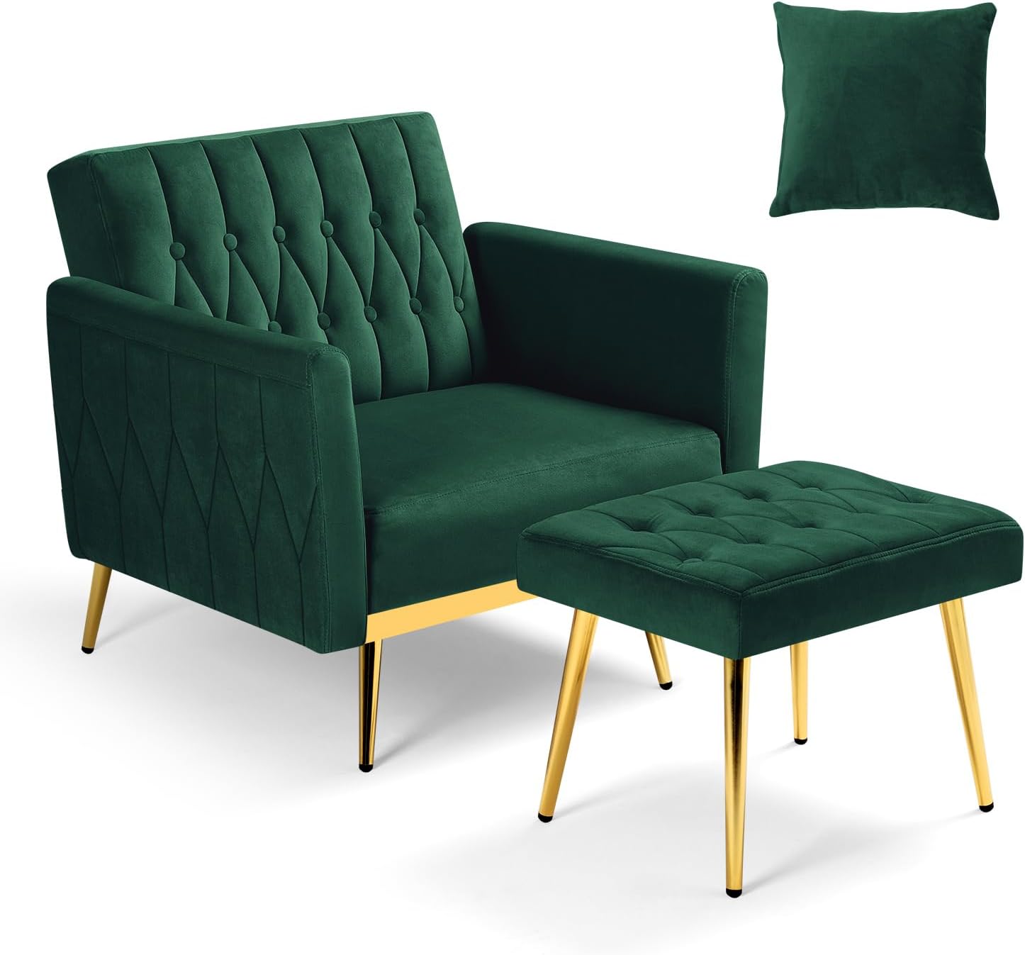 Velvet Accent Chair with Adjustable Armrests and Backrest, Button Tufted Lounge Chair, Single Recliner Armchair with Ottoman and Pillow for Living Room, Bedroom, Green