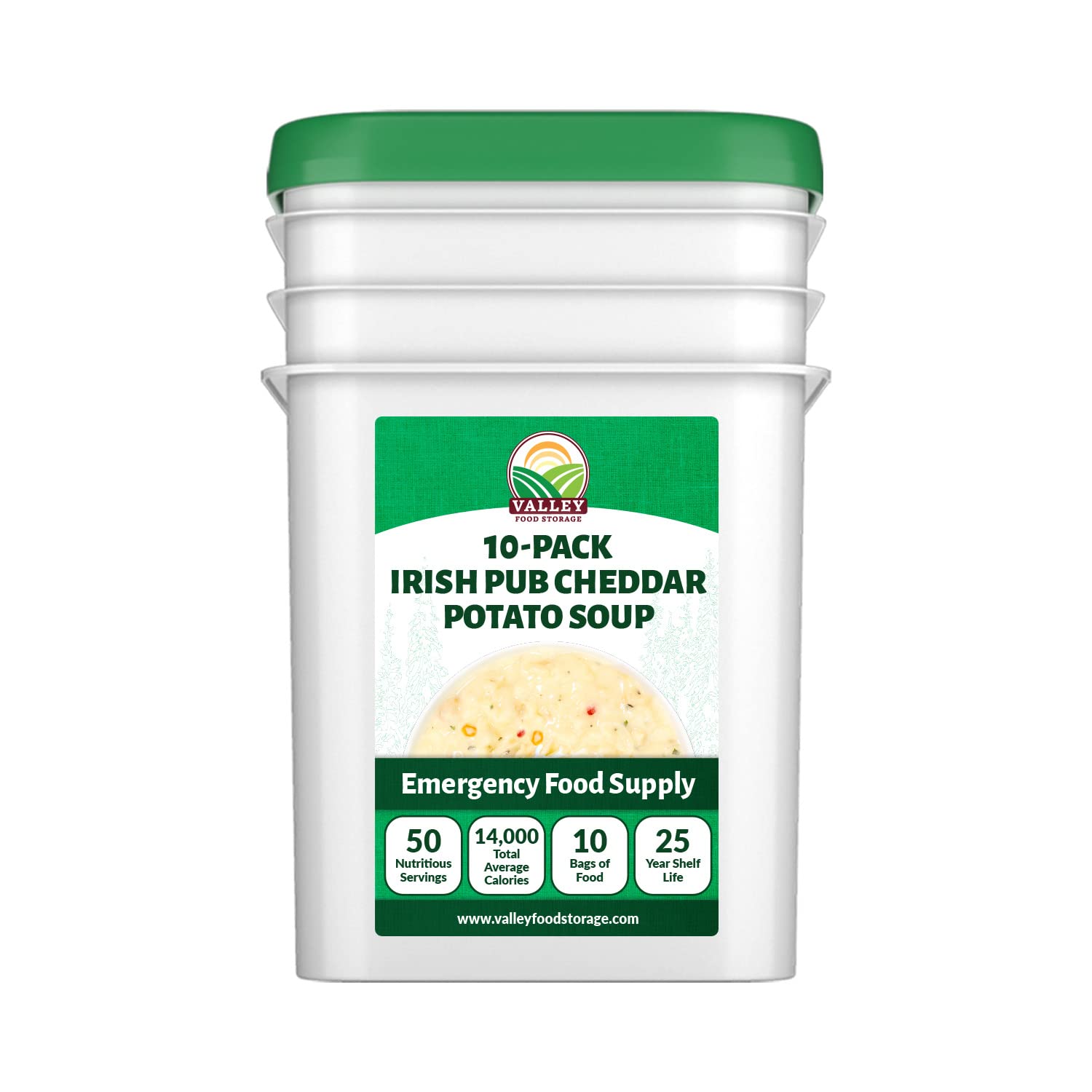 Valley Food Storage Irish Pub Cheddar Potato Soup 10-Bag Bucket, 50 Servings | Premium Non-GMO Emergency Food Supply with 25 Year Shelf Life | Survival Meals, Prepper Food, Camping & Off-Grid Supplies