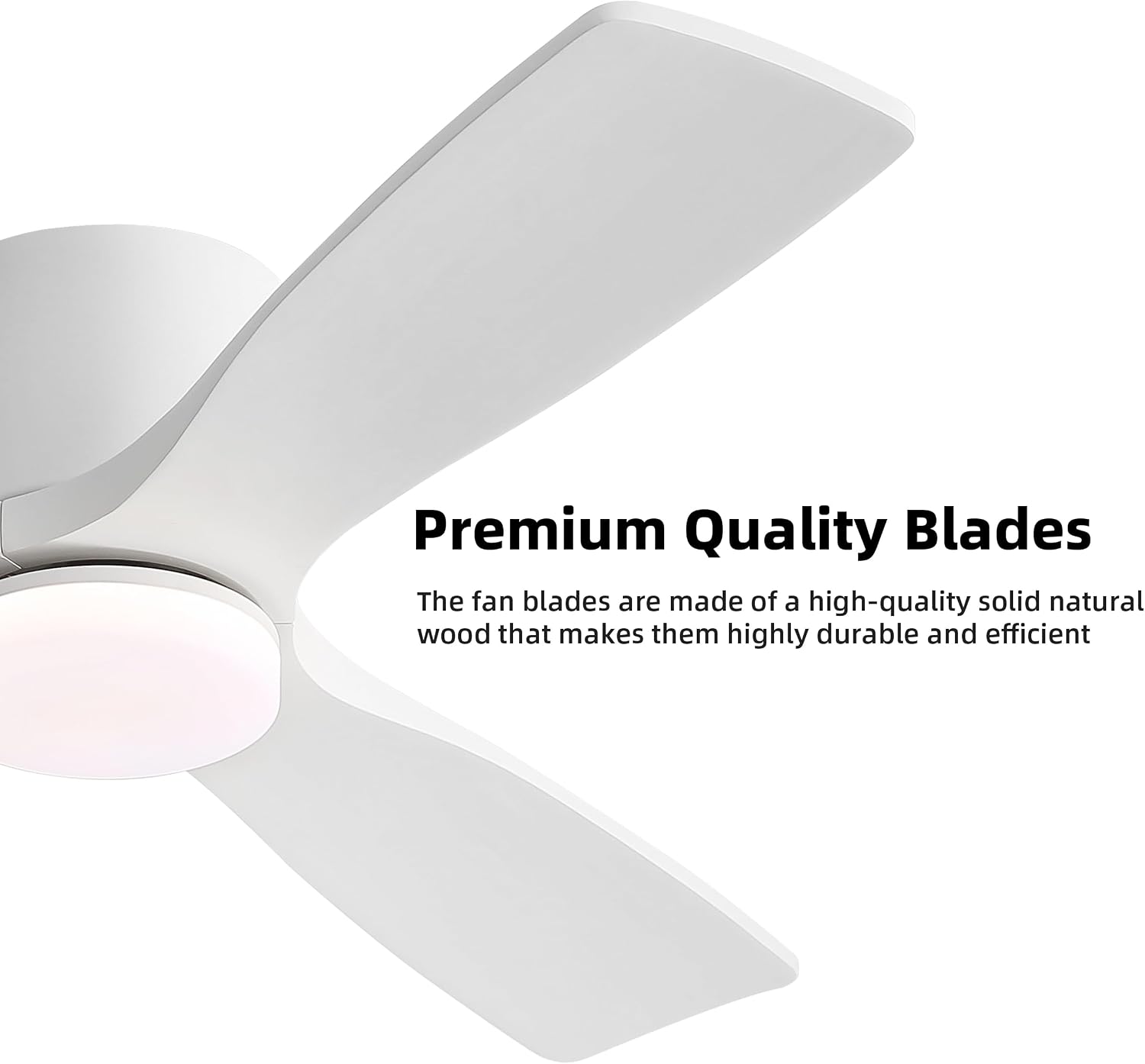 WINGBO 48 Inch Flush Mount DC Ceiling Fan, 3CCT Dimmable Light, 3 Carved Wood Blades, 6-Speed Noiseless Reversible DC Motor, Hugger Low Profile Fan, Gloss White Finish with White Blades, ETL Listed