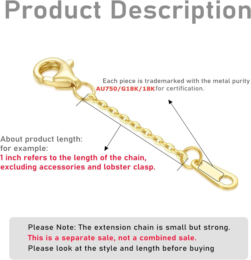18k Gold 1'/2'/3' Necklace Extender Chain, Durable Strong Removable Gold Chain Extender, Real Gold Extension Chain for Necklace Bracelet Anklet