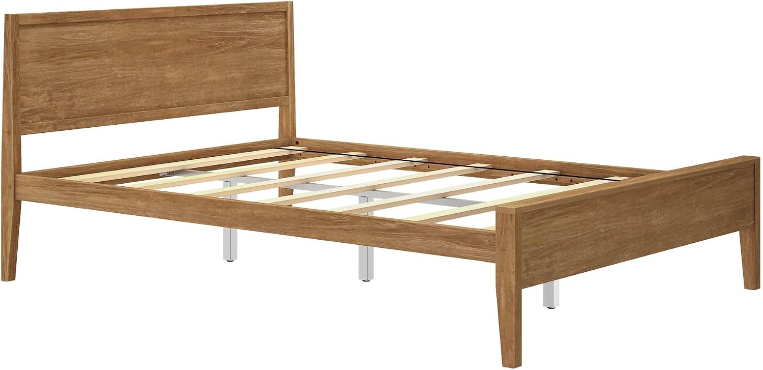 Plank+Beam Solid Wood Queen Bed Frame with Panel Headboard, Modern Queen Platform Bed with Wood Slat Support, No Box Spring Needed, Pecan