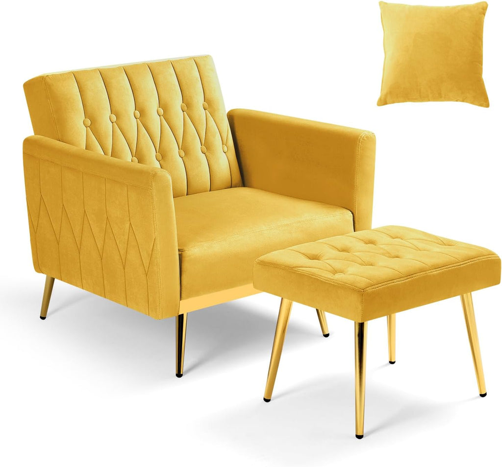 Velvet Accent Chair w/Adjustable Armrests and Backrest, Button Tufted Lounge Chair, Single Recliner Armchair with Ottoman and Pillow for Living Room, Bedroom,Yellow