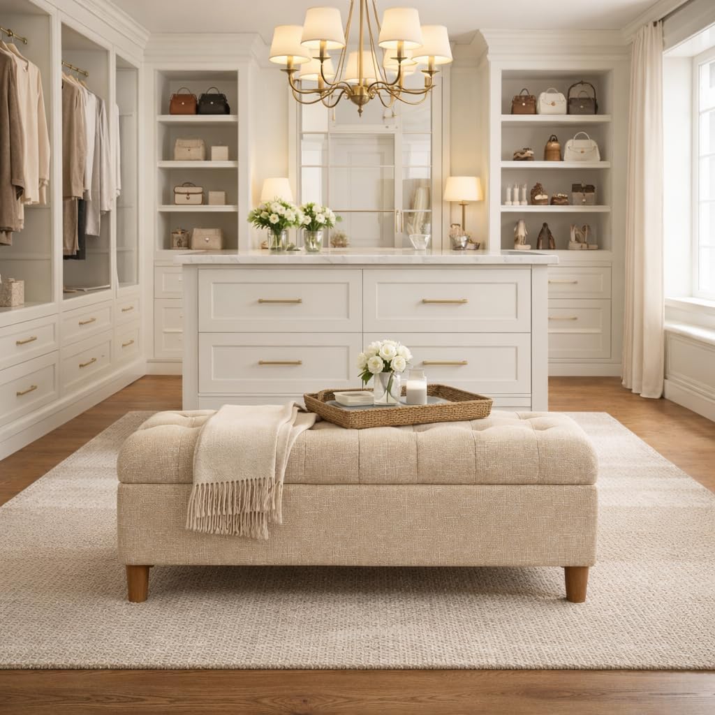 HomePop 40' Ainsley Button Tufted Storage Bench - Light Tan Textured Solid