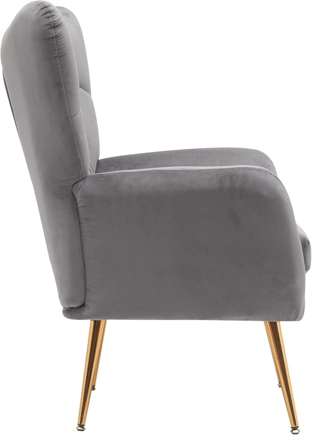 Container Furniture Direct Modern Chic Mid-Century Velvet Accent Armchair for Living Room, Bedroom, or Home Office, Button-Tufted Wingback Design with Gold Flared Legs, Grey