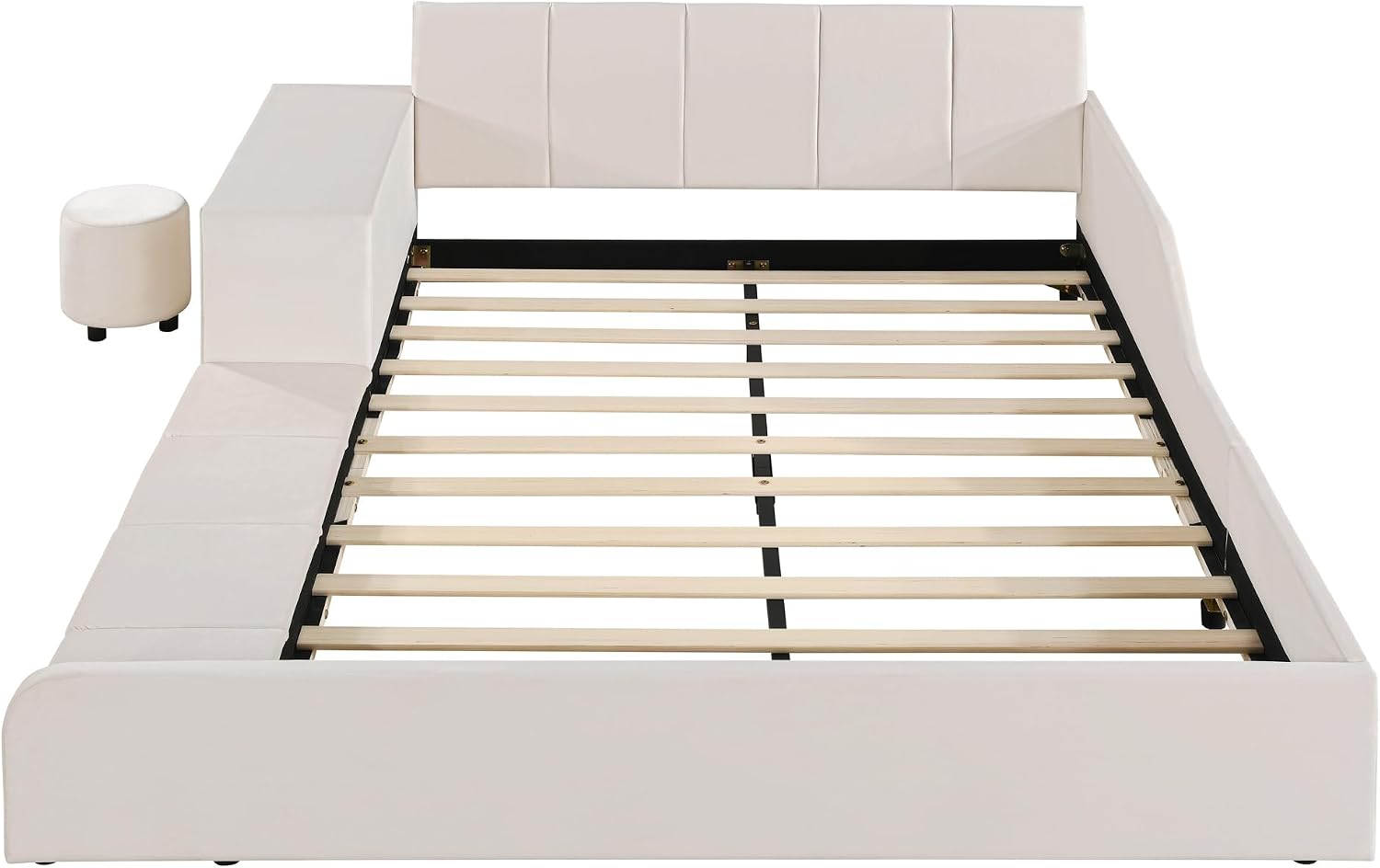 Merax Full Size Velvet Bed Frames Upholstered Grounded Bed, Wooden Mother & Child Bed with Bedside Desk and Little Round Stool,Kids Adults Bedroom Floor Platform Bed,Beige