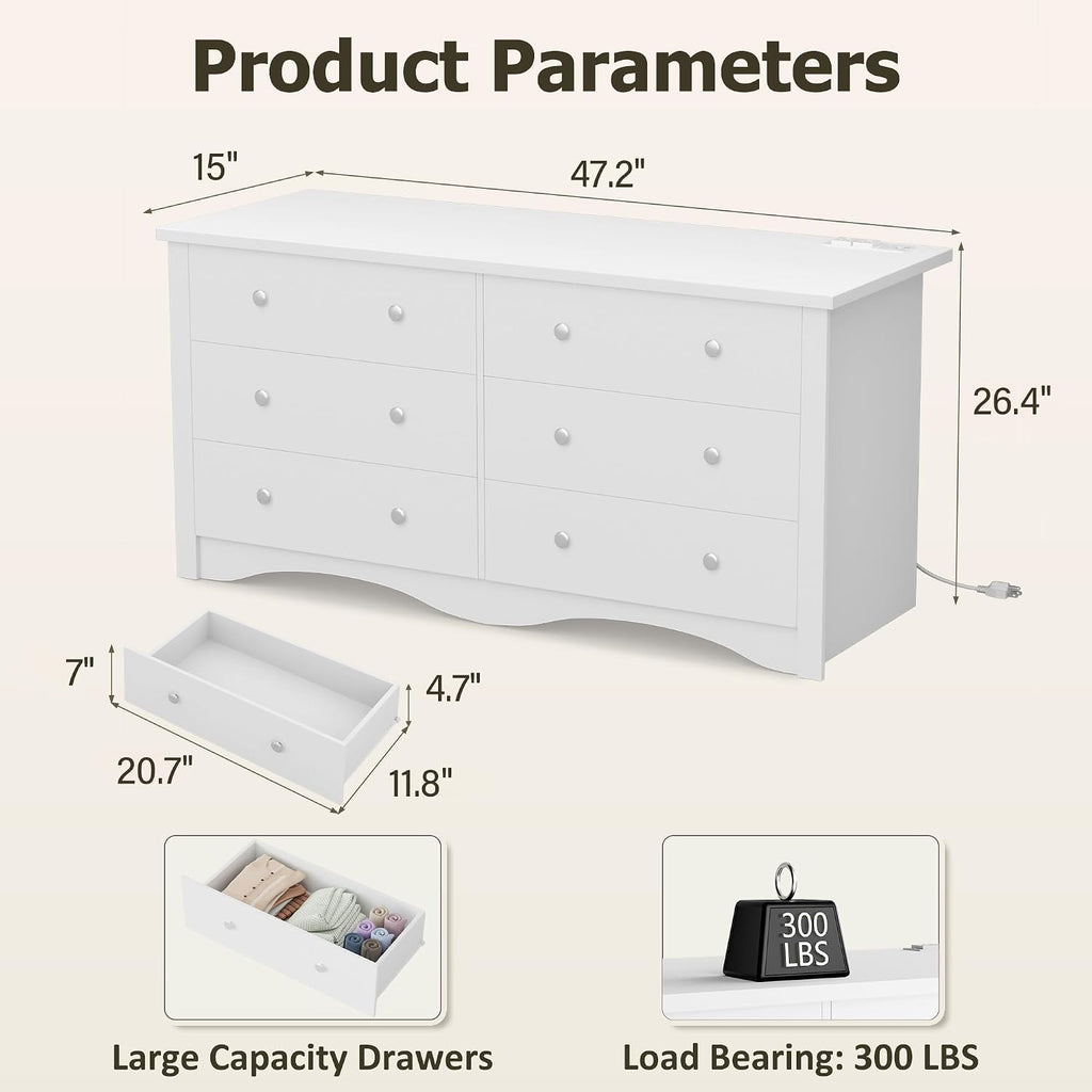 YESHOMY Dresser for Bedroom with Power Outlet,6 Drawers Dresser, Modern Chest of Drawers, Wooden Dressers, TV Stand for Living Room,Closet, Hallway (White)