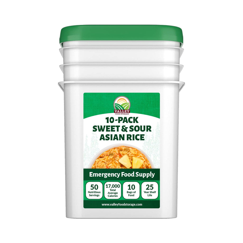 Valley Food Storage Sweet & Sour Asian Rice | 10-Bag Bucket, 50 Servings | Gluten Free Premium Emergency Food Supply, 25 Year Shelf Life | Survival Meal Kits, Prepper Food & Off-Grid Living Supplies