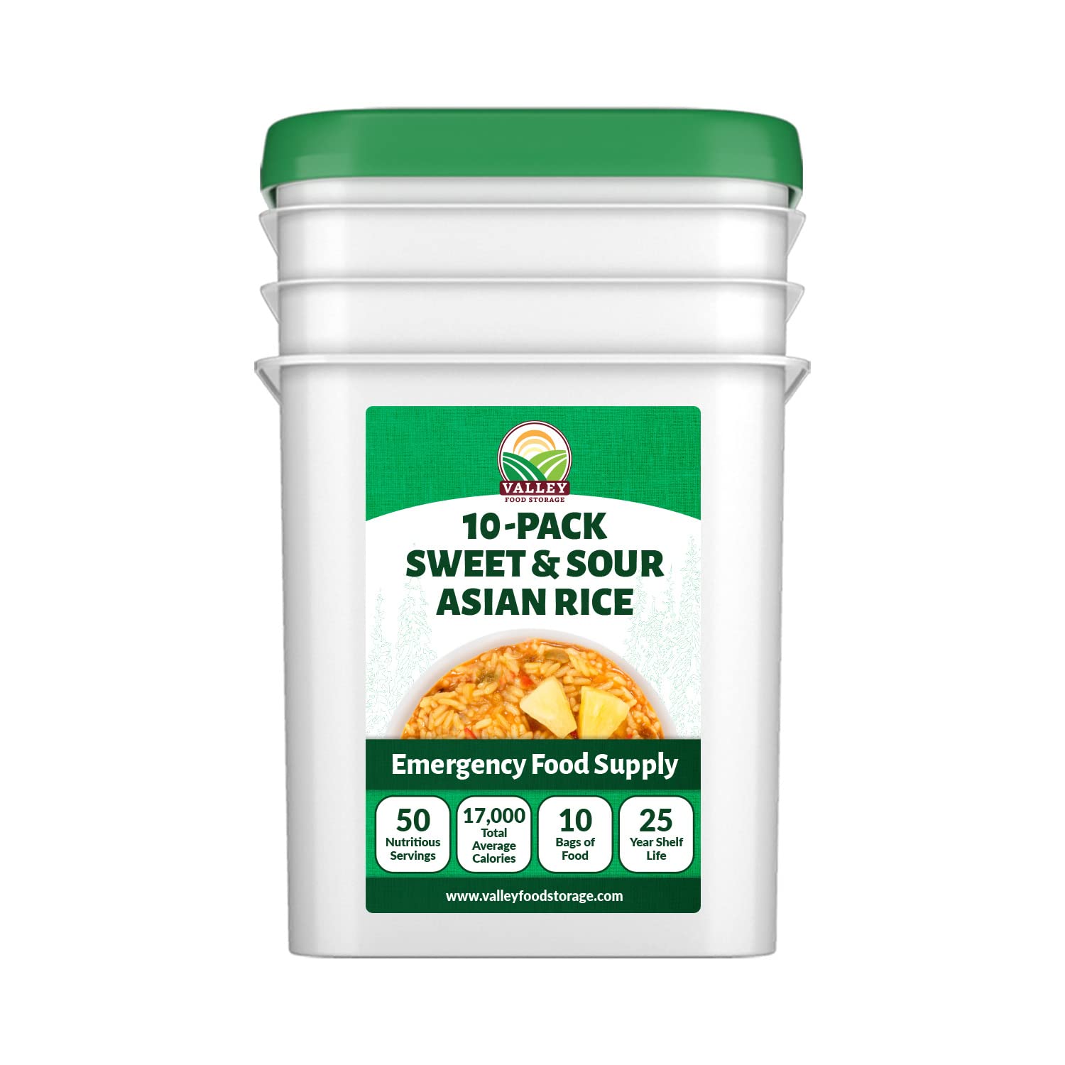 Valley Food Storage Sweet & Sour Asian Rice | 10-Bag Bucket, 50 Servings | Gluten Free Premium Emergency Food Supply, 25 Year Shelf Life | Survival Meal Kits, Prepper Food & Off-Grid Living Supplies