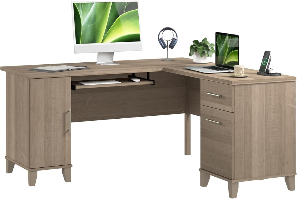 Bush Home 60-Inch L-Shaped Desk with Storage, Corner Computer Office Desk with Drawers and Storage Cabinet, Home Office Furniture, Somerset Collection, Ash Gray