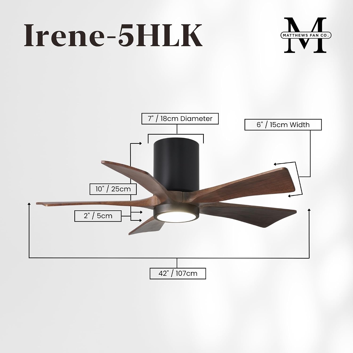 Matthews IR5HLK-BK-WA-42 Irene Damp Rated 42' Flush Mount Ceiling Fan with Light and Remote & Wall Control, Silent DC Motor, 5 Solid Wood Blades, Matte Black with Walnut Tone