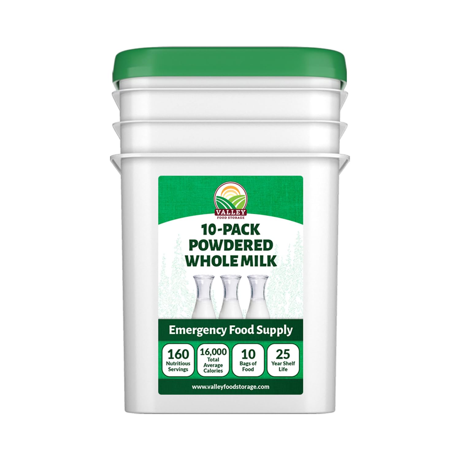 Valley Food Storage Whole Milk Powder | Contains Vitamin A & Vitamin D | Powdered Milk Long Term Storage, 25 Year Shelf Life | Camping Food, Backpacking Meals, Prepper Supplies & Survival Food (10 Bags + Bucket)