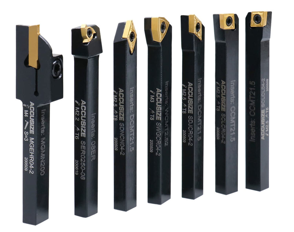 Accusize Industrial Tools 1/4'' Shank 7 Pc Indexable Carbide Turning Tool Set in Fitted Box, 2387-2001