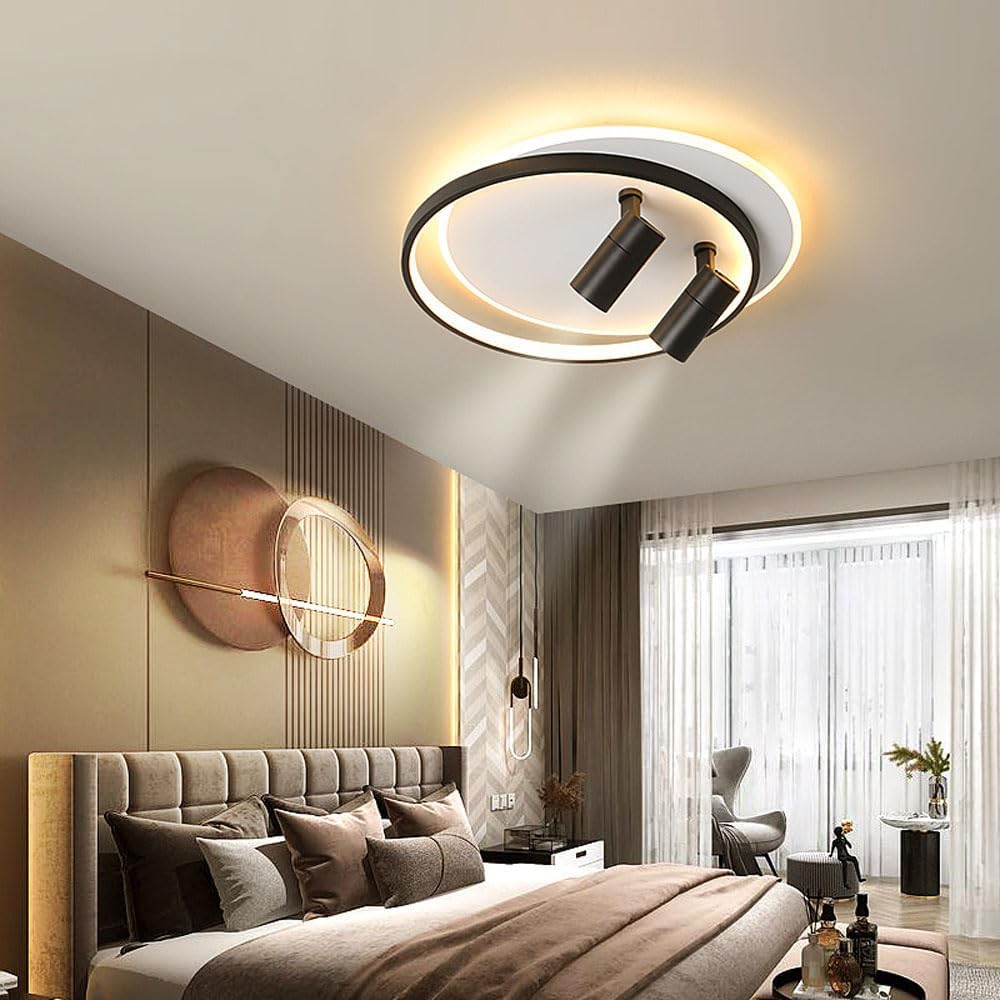 Modern LED Ceiling Light with 2 Spotlights, Dimmable Ring Ceiling Lighting Fixture with Remote Control, Indoor Flush Mount Ceiling Lamp for Bedroom Hallway Dining Room Entryway Kitchen