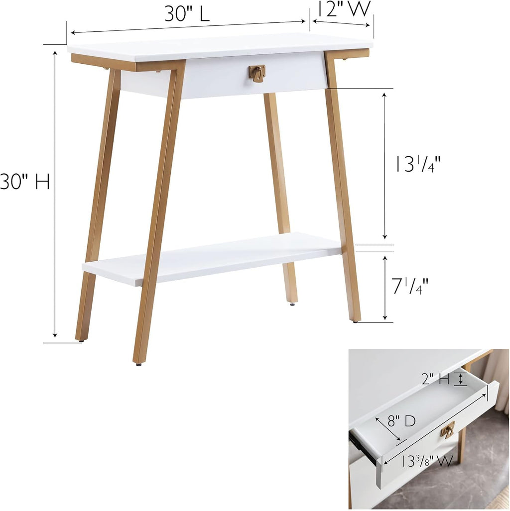 Leick Home 214346 Empiria Wood Console Table with Drawer and Metal Frame for Living Room Entryway Bedroom, White