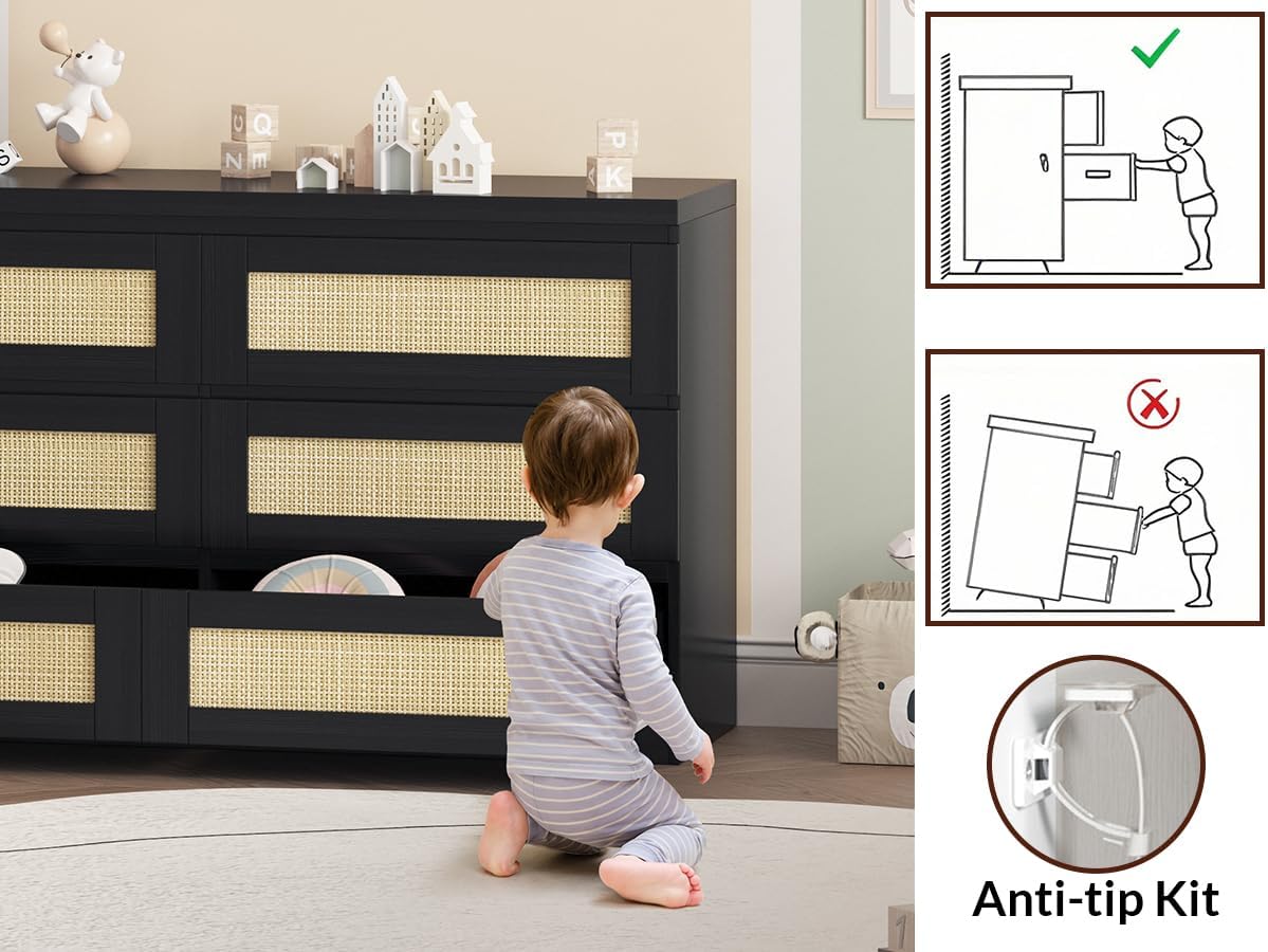 Patikuin Rattan Dresser for Bedroom, Modern 6 Drawer Dresser, Wide Chest of Drawers with Anti-Tip Kit & Smooth Slide Rail, Wood Storage Dressers for Closet, Hallway, Living Room, Black