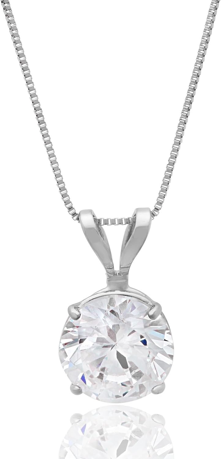 MAX + STONE 14k Gold 8mm Round Solitaire Cubic Zirconia Pendant Necklace for Women with 18 Inch Box Chain