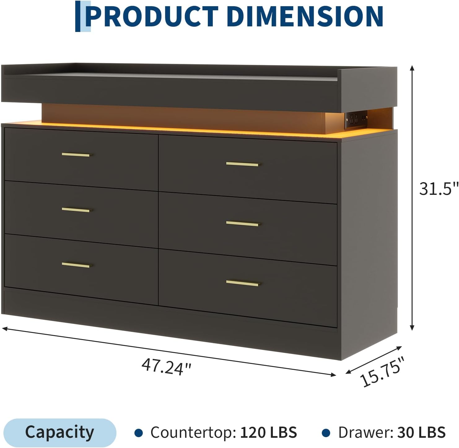 TV Stand Cabinet with LED Lights & Charging Station, Coffee Bar Cabinet Floating Countertop, Modern Sideboard Buffet 6 Drawers for Home, Living Room, Black