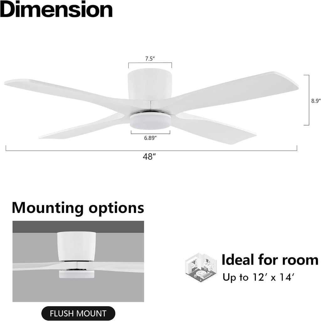 WINGBO 48 Inch Flush Mount DC Ceiling Fan with Lights and Remote, 4 Reversible Carved Wood Blades, 6-Speed Noiseless DC Motor, Hugger Ceiling Fan in White Finish, Low Profile Ceiling Fans, ETL Listed