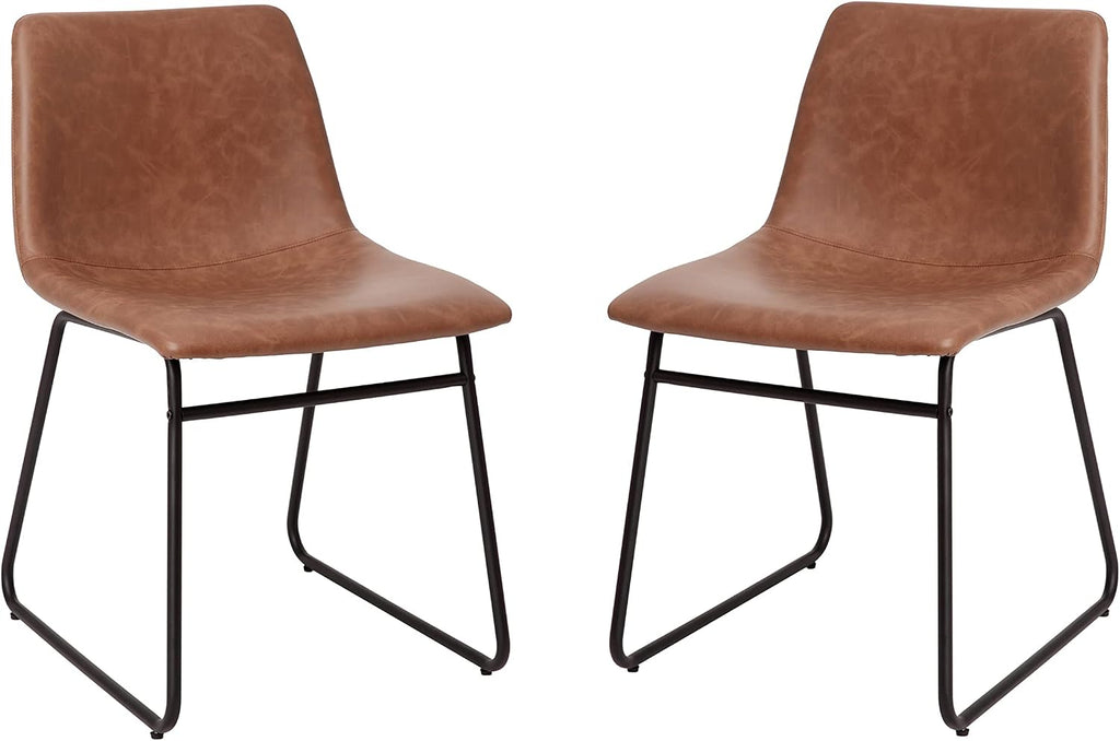 Flash Furniture Butler 18' LeatherSoft Dining Table Height Chairs, Mid-Century Modern Bucket Style Dining Chairs, Set of 2, Light Brown/Black